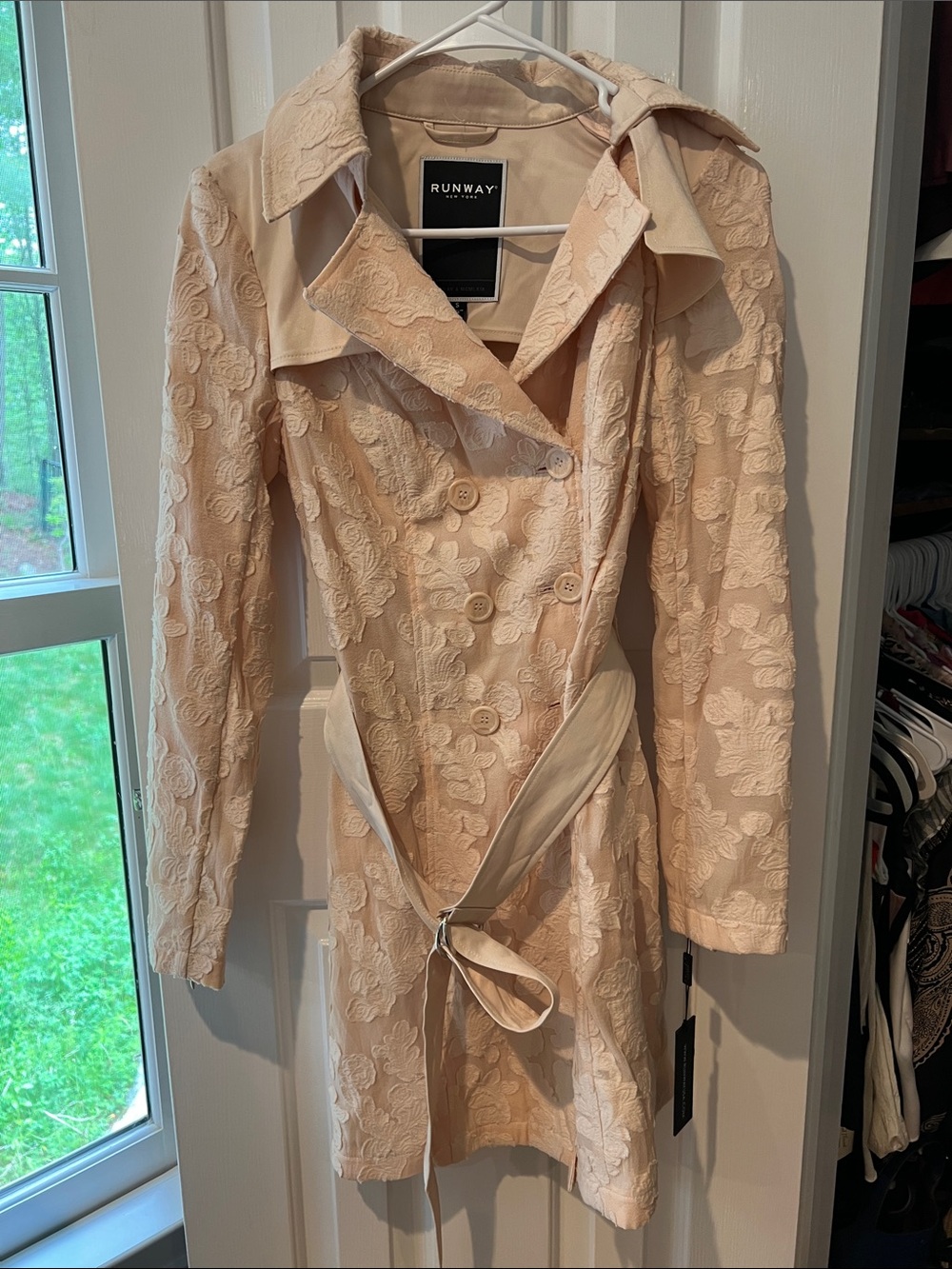 Runway Collection Women's Floral Lace Trench Coat in Blush